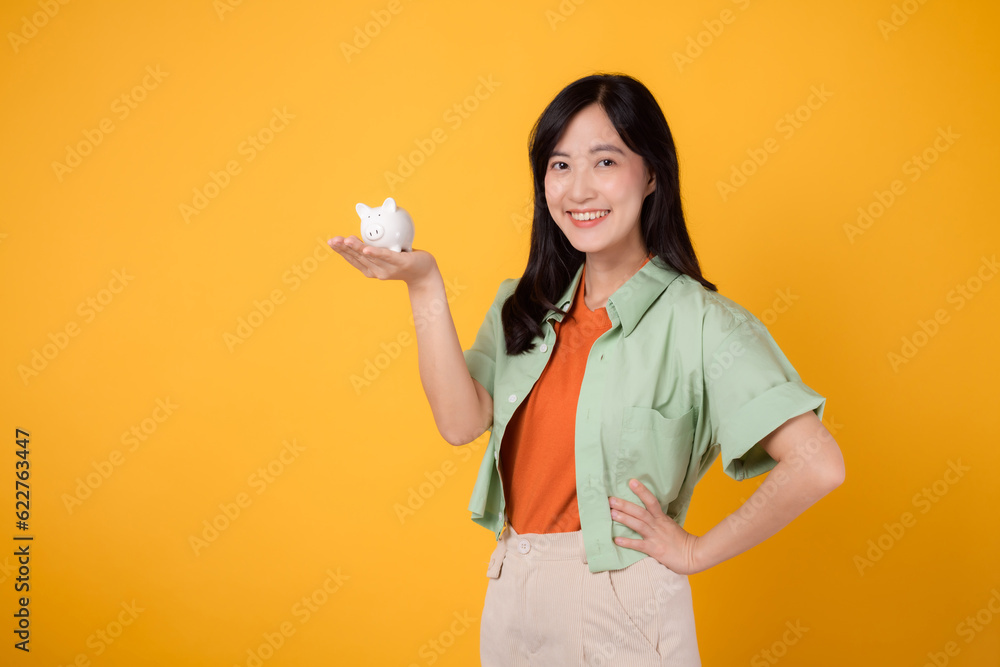 portrait beauty attractive cheerful young asian 30s woman happy smile holding piggy saving bank isolated on yellow background. success wealth investment, economy money finance for retire concept. portrait beauty attractive cheerful young asian 30s woman happy smile holding piggy saving bank isolated on yellow background. success wealth investment, economy money finance for retire concept.