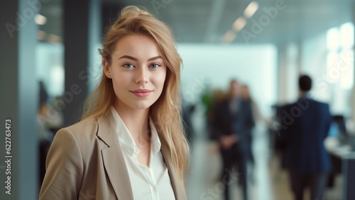 AI generated businesswoman with blonde hair standing in office