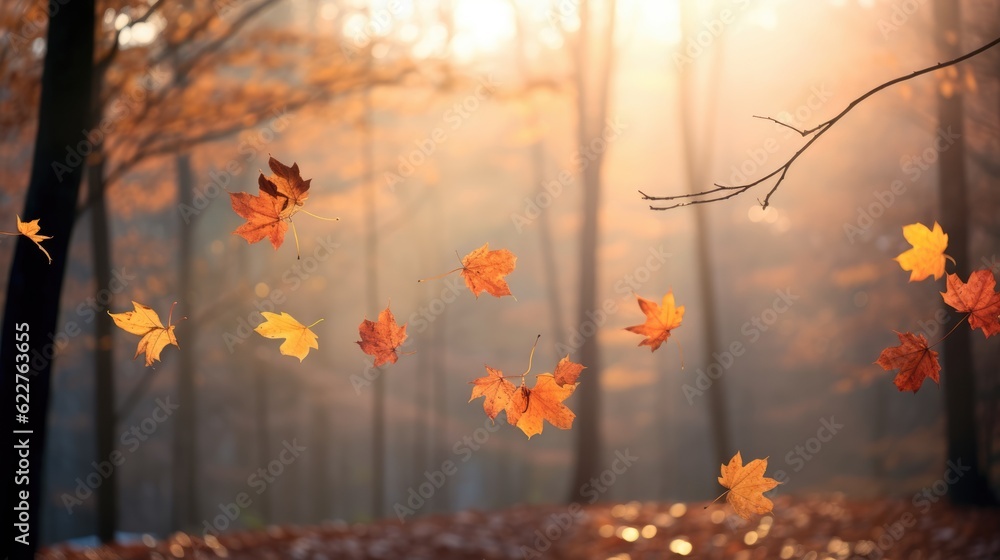 Autumn leaves in the forest at sunset. Beautiful nature background. Generative AI.