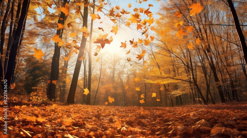 Beautiful autumn landscape with falling leaves in the forest. Golden autumn. Generative AI.