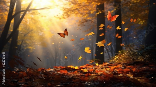 Falling autumn leaves in a foggy forest with sunbeams. Generative AI.