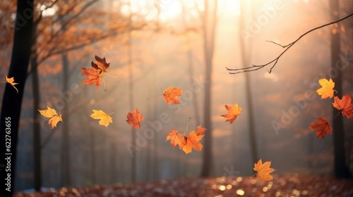 Autumn leaves in the forest at sunset. Beautiful nature background. Generative AI. © Анастасия Козырева