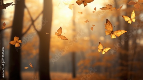  Autumn forest with golden leaves and butterflies flying in the air. Generative AI. 