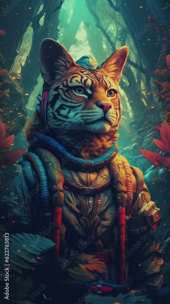 AI generated illustration of a wild feline animal wearing a traveler suit looking curious