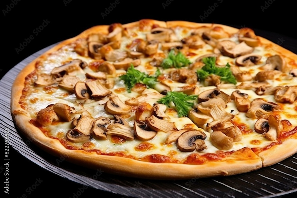 Pizza with mushrooms and cheese on a black background. Restaurant.