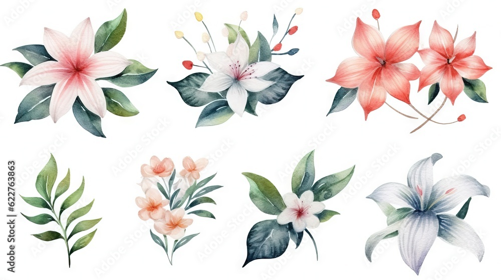 AI generated illustration of a vibrant display of an assorted selection of watercolor flowers