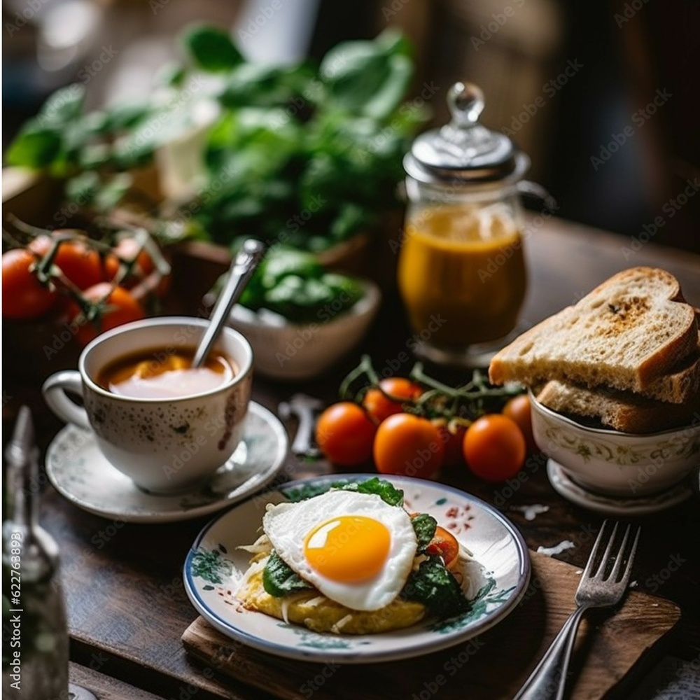 Breakfast with fried egg, spinach, cherry tomatoes and coffee on wooden table Breakfast with fried egg, spinach, cherry tomatoes and coffee on wooden table