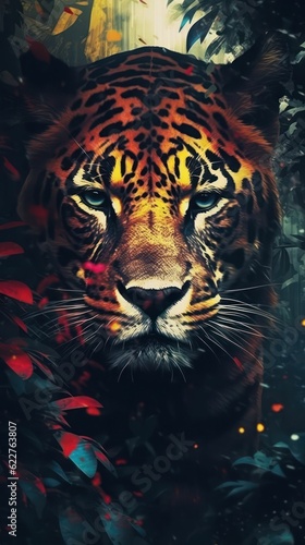AI generated illustration of a majestic leopard in the lush foliage of a dense bush