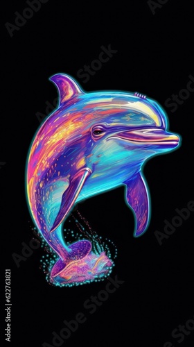 AI generated illustration of a dolphin glowing on the black background