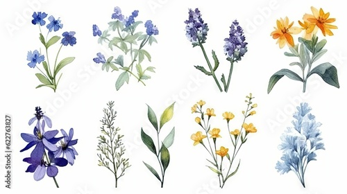 AI generated illustration of a vibrant watercolor painting of various wildflowers and plants