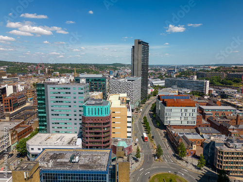 Aerial drone photo of the city centre of Sheffield with office buildings.