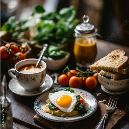 Breakfast with fried egg, spinach, cherry tomatoes and coffee on wooden table