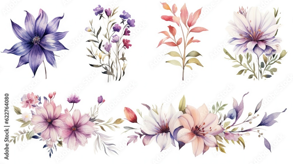 AI generated illustration of a vibrant watercolor painting featuring a set of different flowers AI generated illustration of a vibrant watercolor painting featuring a set of different flowers