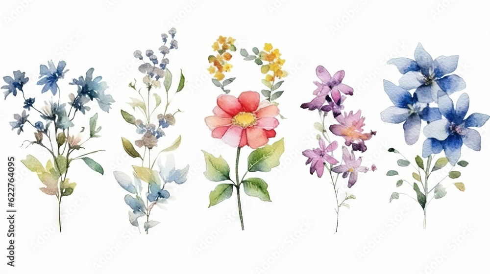 AI generated illustration of a vibrant watercolor painting featuring a set of different flowers