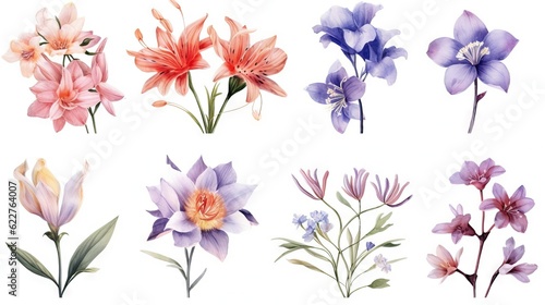 AI generated illustration of assorted flowers painted in a watercolor style on a white background