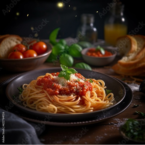 Spaghetti Bolognese with tomato sauce and basil leaf
