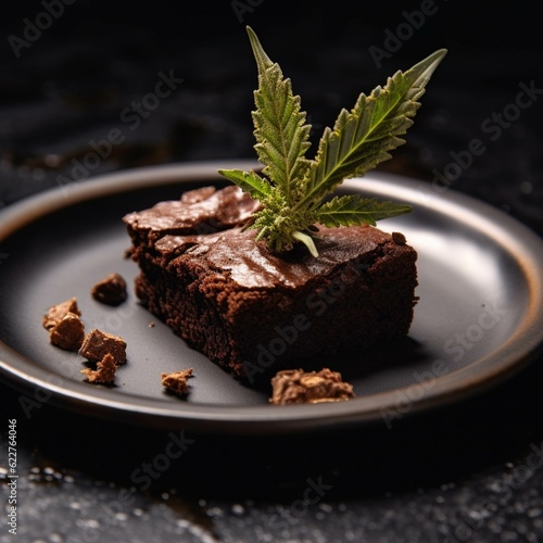 Chocolate brownie with marijuana leaves on a dark background, selective focus.