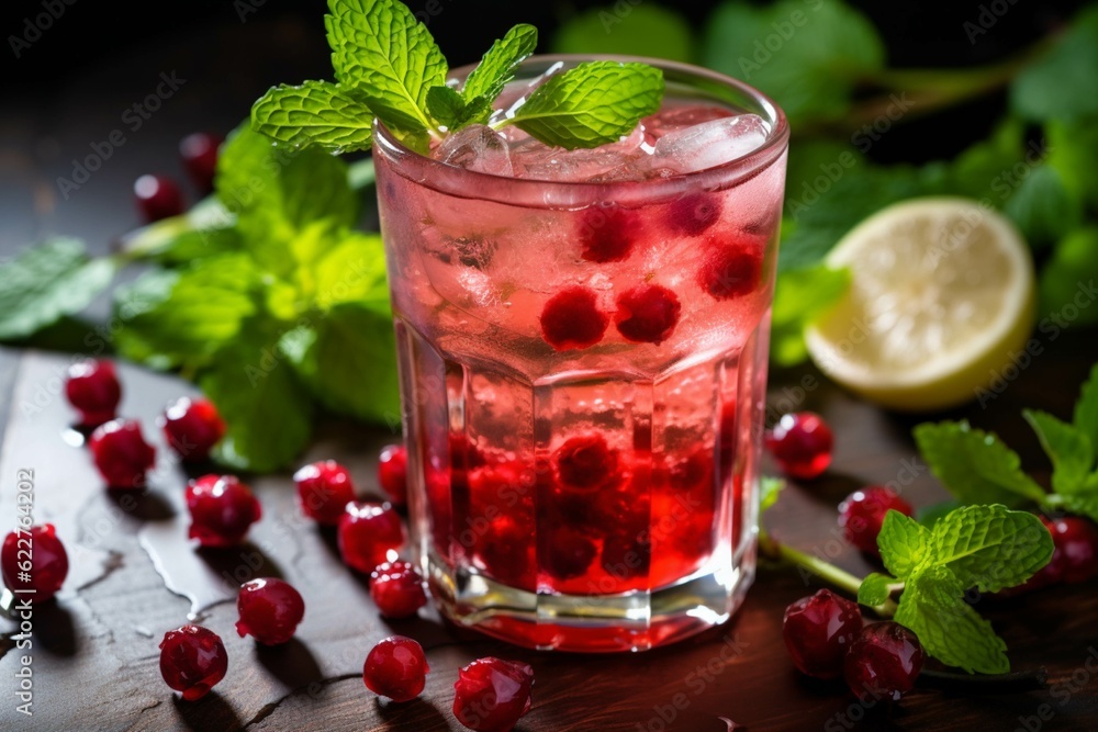 Cocktail with cranberries, lemon and mint on dark background Cocktail with cranberries, lemon and mint on dark background