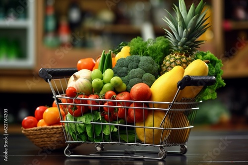 Shopping cart full of fruits and vegetables in supermarket. Shallow depth of field