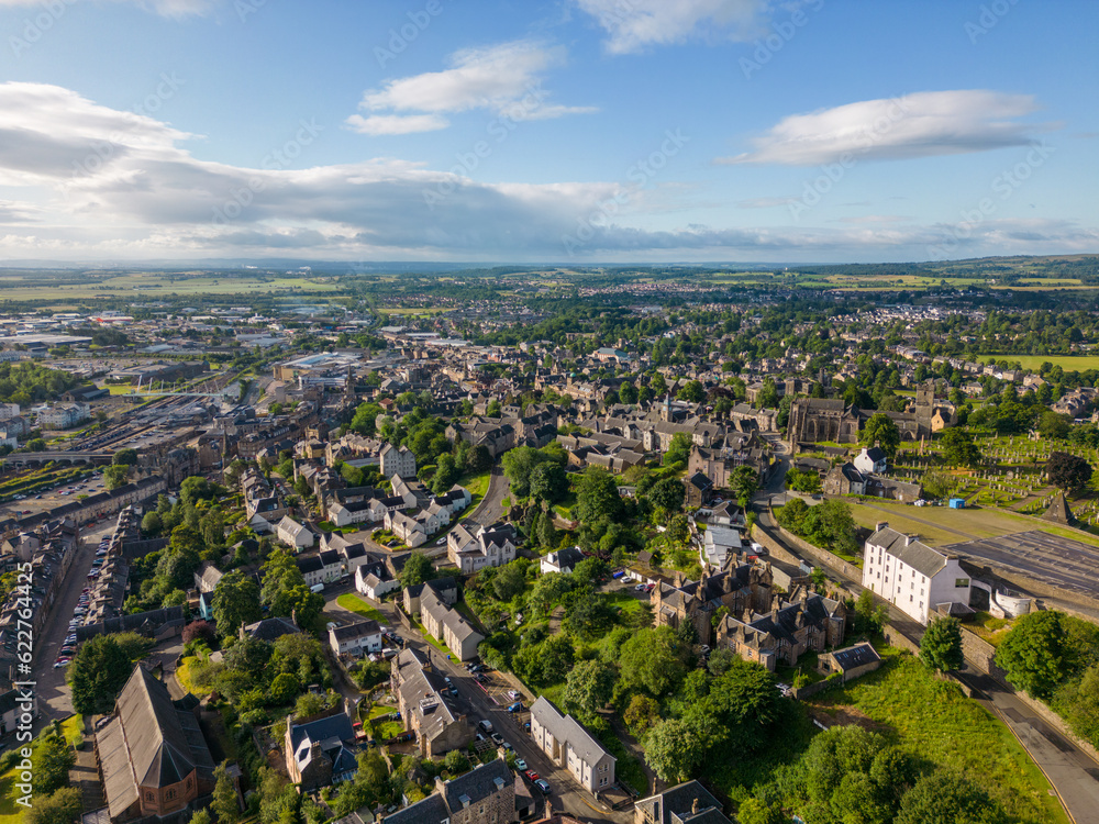 Aerial drone video of the town centre of Stirling in Scotland