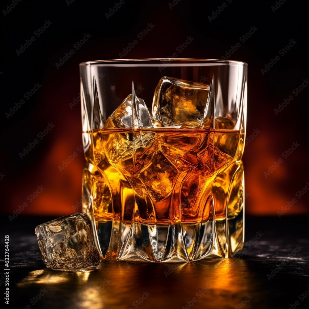 Glass of whiskey with ice cubes on black background Glass of whiskey with ice cubes on black background