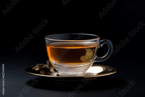 Cup of hot tea with steam on a wooden table. Black background.