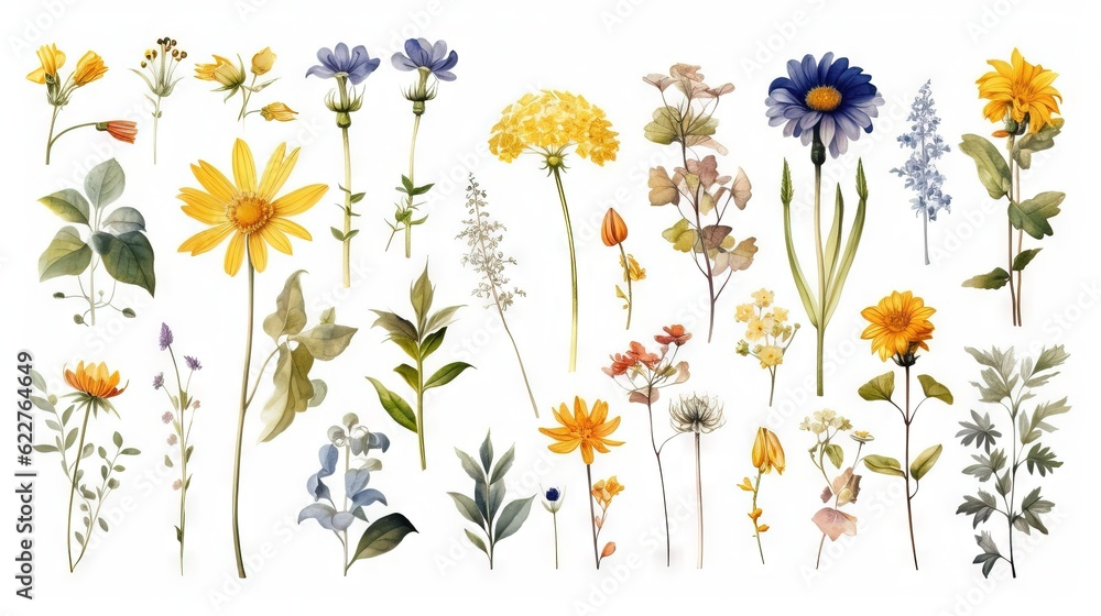 AI generated illustration of a vibrant watercolor painting featuring a set of different flowers AI generated illustration of a vibrant watercolor painting featuring a set of different flowers