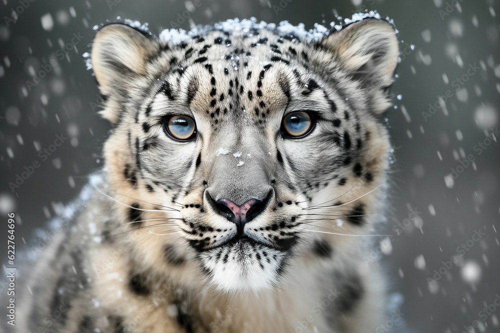 AI generated illustration of a snow leopard standing in its natural habitat of a snowy forest AI generated illustration of a snow leopard standing in its natural habitat of a snowy forest