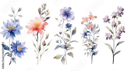 AI generated illustration of a vibrant watercolor painting featuring a set of different flowers