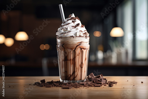 Fototapeta A chocolate milkshake, topped with whipped cream and chocolate chips