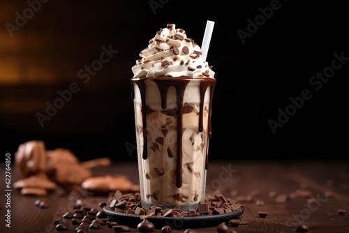 A chocolate milkshake, topped with whipped cream and chocolate chips. AI generated