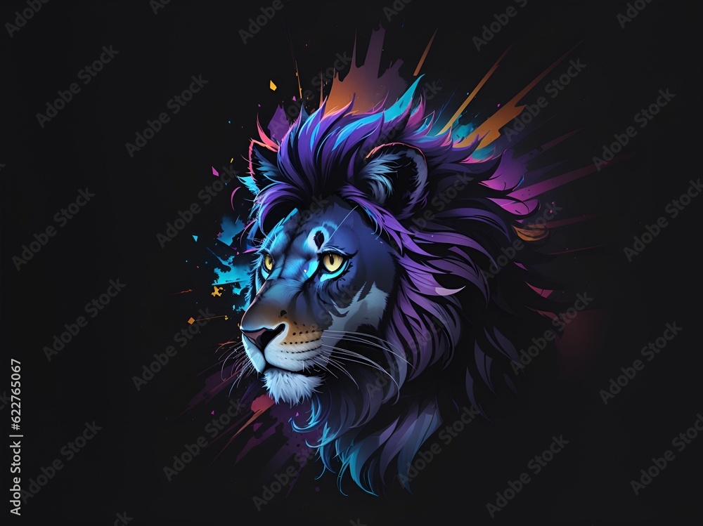 AI generated illustration of a majestic lion head, illuminated by a vibrant light