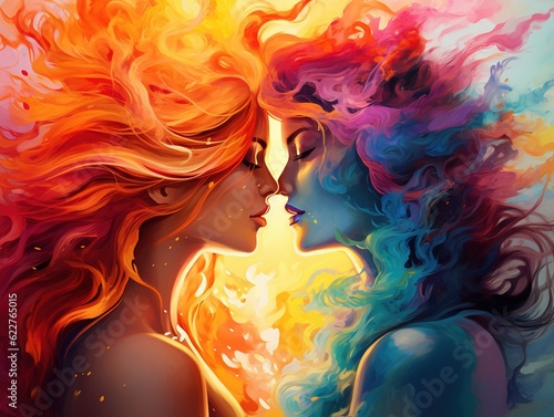 two woman with bright colored hair kissing in the air on fire