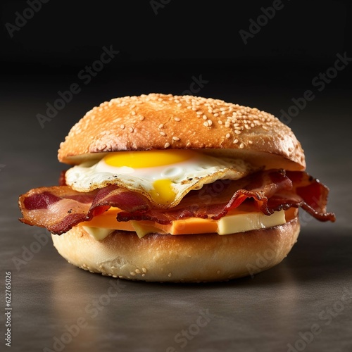 Hamburger with bacon, cheese and egg on a dark background