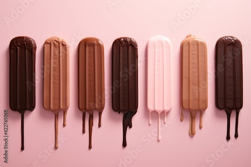 Chocolate ice cream laid out in pink on a white background. AI generated