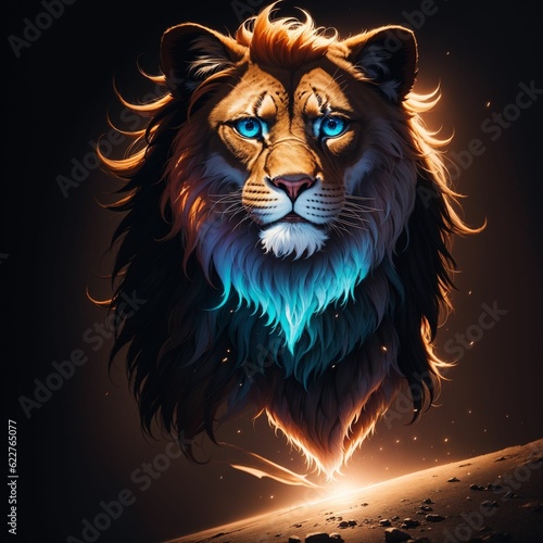 AI generated illustration of a majestic lion head  illuminated by a vibrant light