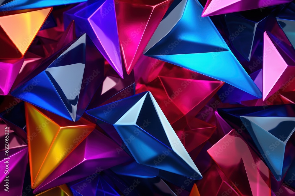 Abstract artwork of colorful triangles. AI generated