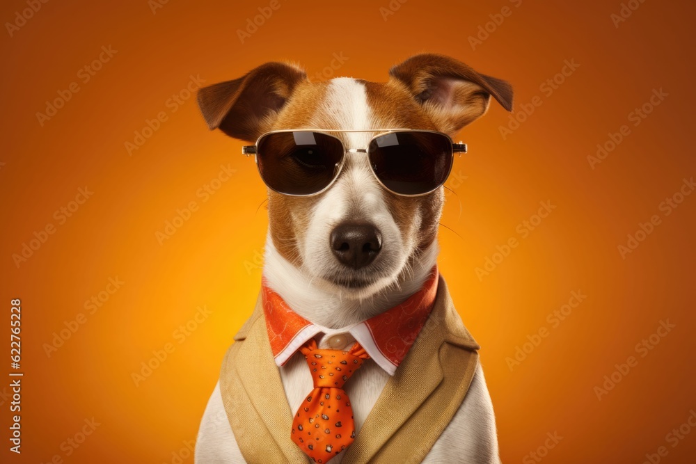 AI generated Cool Jack Russell Terrier with glasses on orange background