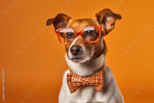 AI generated Cool Jack Russell Terrier with glasses on orange background © Julian Mende/Wirestock Creators