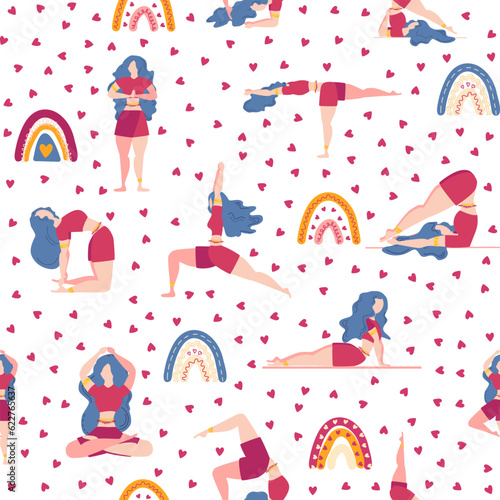 Yoga seamless pattern woman is engaged. Yoga poses, lotus, monstera. Health of mind and body