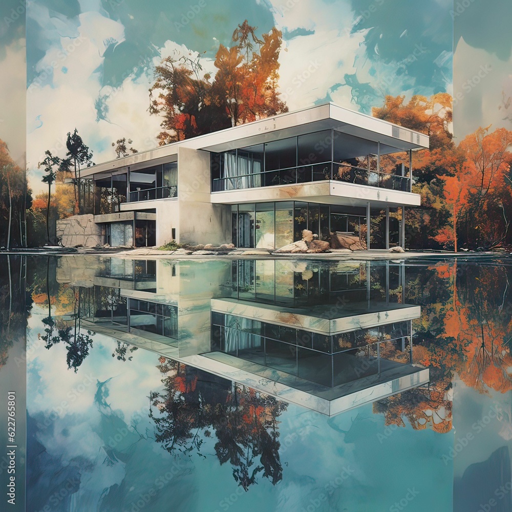 AI generated illustration of a high-rise building reflected in a shallow pool of water