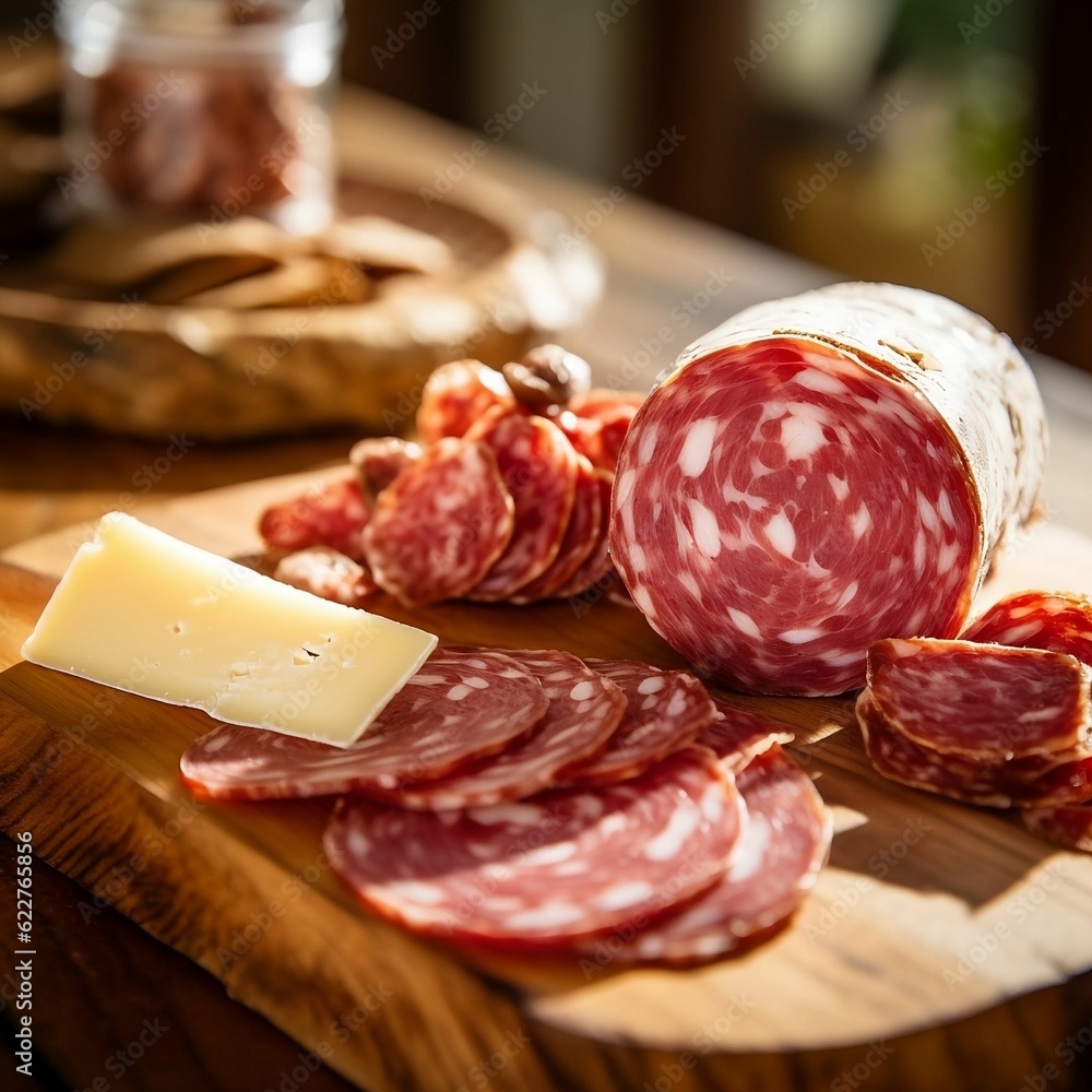AI generated illustration of sliced salami on a wooden cutting board with slices of cheese AI generated illustration of sliced salami on a wooden cutting board with slices of cheese