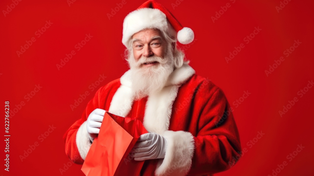 Santa Claus with a gift bag on a red plain background. Advertising of goods. Generative AI