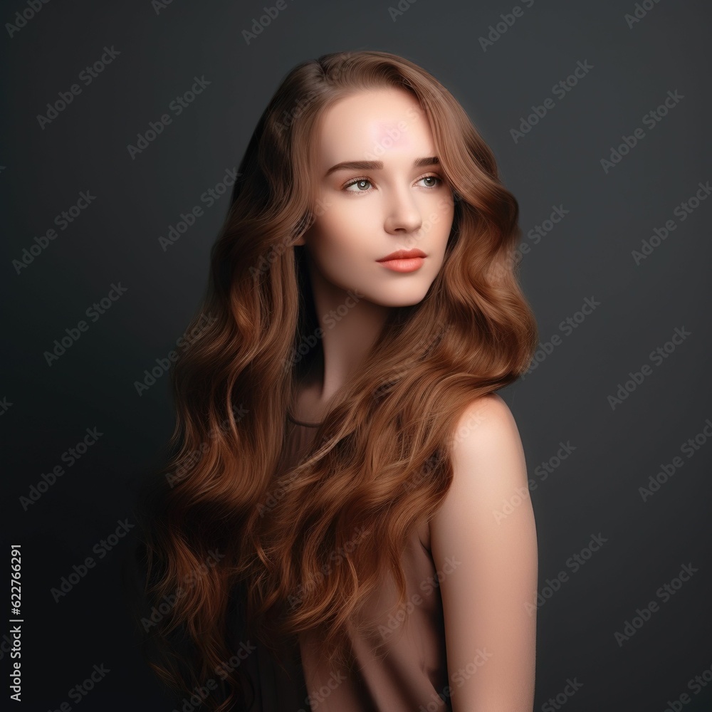 Fototapeta premium Portrait of a beautiful Caucasian woman with long wavy brown hair. AI-generated.
