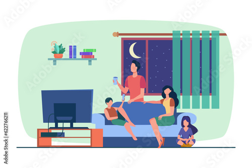 Family movie night together vector illustration. Parents and children sitting on couch, watching and discussing films at home. Family reunion, parenting, quality time, entertainment concept