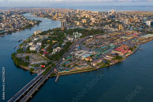 Aerial view of Victoria Island with bridges, trees and highrise buildings, Lagos, Nigeria. photo