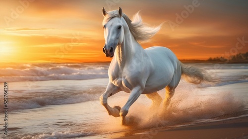 AI generated illustration of a majestic white horse running along a beach by the ocean © Jumboline/Wirestock Creators