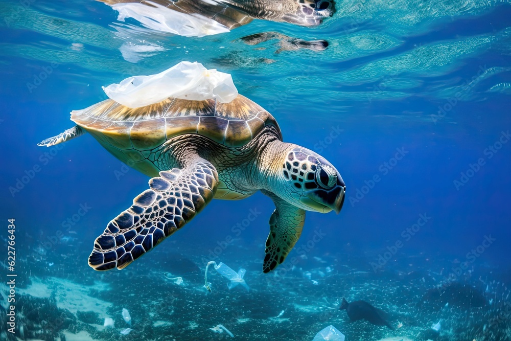Fototapeta premium AI generated sea turtle swimming in an ocean polluted with plastic bag