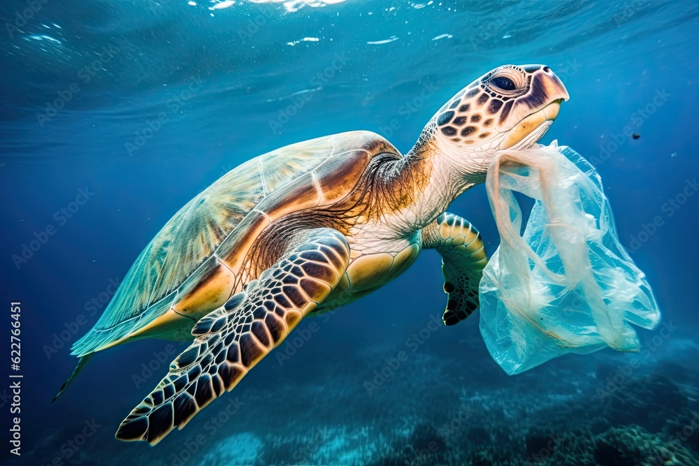 Obraz premium AI generated sea turtle swimming in an ocean polluted with plastic bag