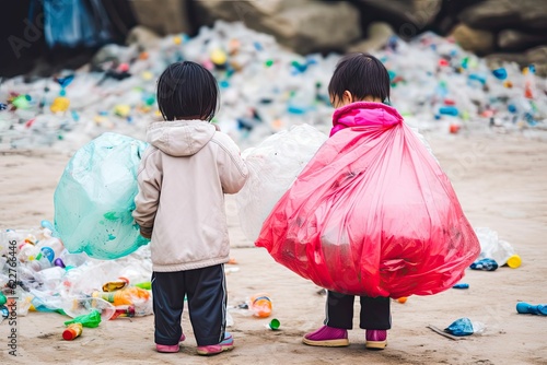 AI generated image of friends holding a bag of trash for disposal photo